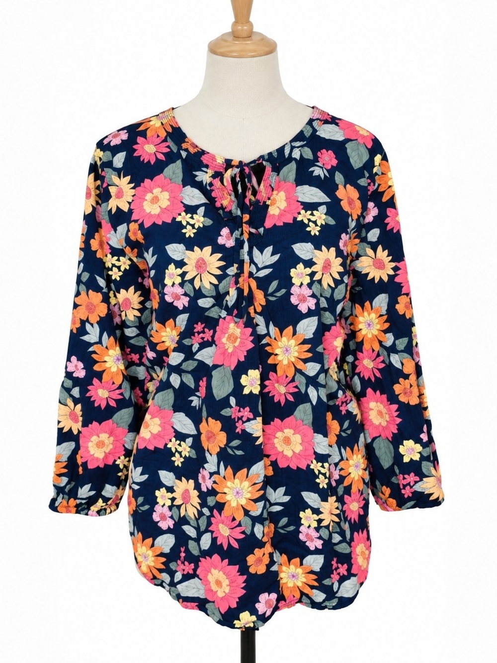 St. John’s Bay Women’s Large Navy Floral Peasant Blouse 3/4 Sleeve